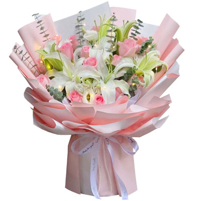柳州16朵粉玫瑰百合,感情稳定坚固